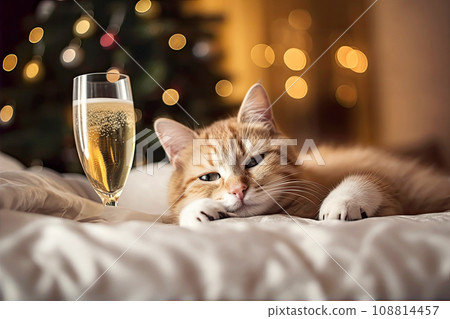 Fluffy cat next to a glass of champagne on the bokeh background. Cute cat with cozy Christmas lights. Fluffy cat next to a glass of champagne on the bokeh background. Cute cat with cozy Christmas lights. 108814457