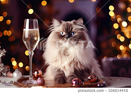 Fluffy cat next to a glass of champagne on the bokeh background. Cute Ragdoll cat with cozy Christmas lights. Fluffy cat next to a glass of champagne on the bokeh background. Cute Ragdoll cat with cozy Christmas lights. 108814458