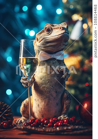 Cute funny gecko with a glass of champagne celebrating the new year. Cozy Christmas lights in the background. Holiday, festive atmosphere. Cute funny gecko with a glass of champagne celebrating the new year. Cozy Christmas lights in the background. Holiday, festive atmosphere. 108814468