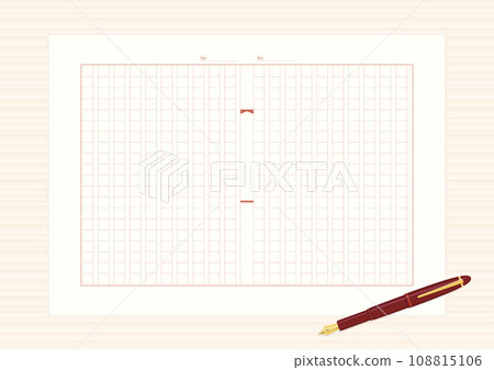 書桌上放置的手稿紙和鋼筆背景、白色木紋書桌 書桌上放置的手稿紙和鋼筆背景、白色木紋書桌 108815106