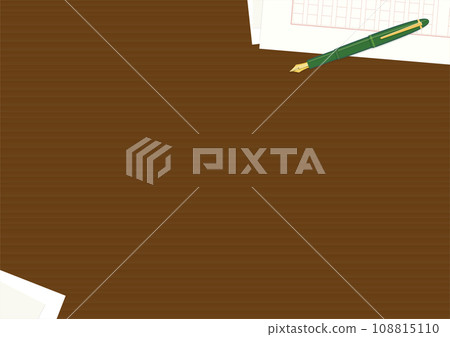 Dark wood desk background. Manuscript paper, fountain pen, and paper frame Dark wood desk background. Manuscript paper, fountain pen, and paper frame 108815110