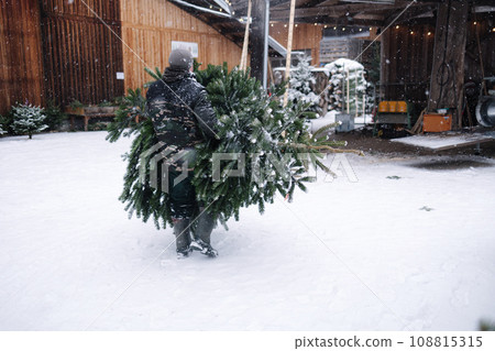 Man put Christmas tree on table for packing Man put Christmas tree on table for packing 108815315