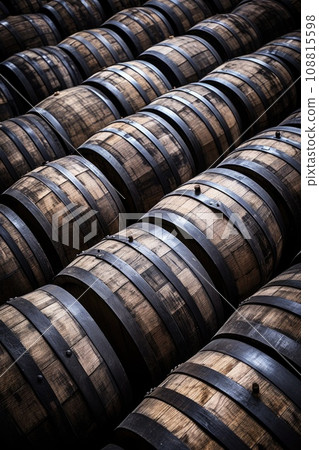 Old wooden oak barrels for whiskey 108815598