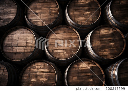 Old wooden oak barrels for whiskey 108815599
