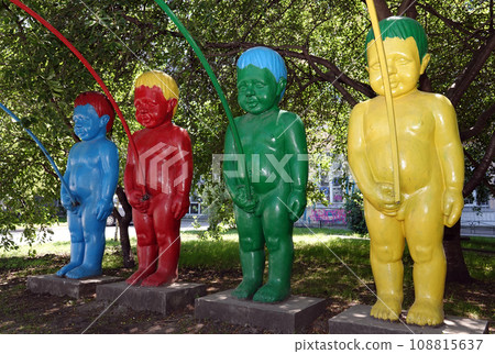 Kiev, Ukraine June 16, 2021: Monument to the peeing boys in the park "Kievan Rus" in the city of Kiev Kiev, Ukraine June 16, 2021: Monument to the peeing boys in the park "Kievan Rus" in the city of Kiev 108815637