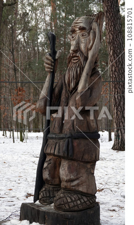 Kiev, Ukraine January 11, 2021: Fairy tale characters in the park made of wood 108815701