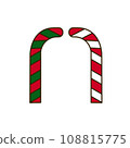 Set of two candy cane cartoon illustrations in red, green, and white. Christmas decorative element isolated background. Design is a simple flat vector clip art. 108815775