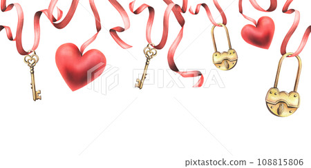 Gold metal padlock with a hole, key heart shape and heart red suspended on red ribbons. Hand drawn watercolor illustration. Seamless border on a white background Gold metal padlock with a hole, key heart shape and heart red suspended on red ribbons. Hand drawn watercolor illustration. Seamless border on a white background 108815806