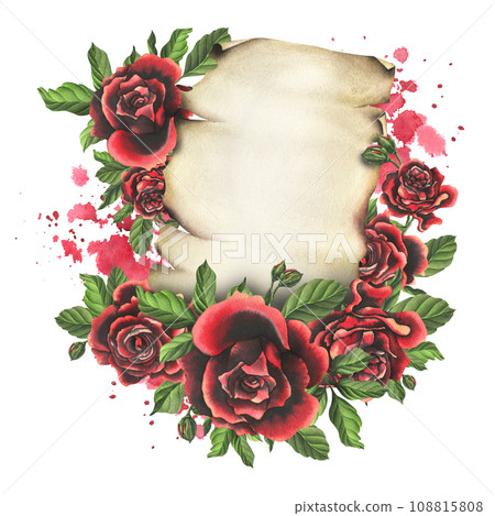 For Valentine's Day, vintage sheet of papyrus paper with red roses flowers. Hand drawn watercolor illustration. Composition with space for text on a white background For Valentine's Day, vintage sheet of papyrus paper with red roses flowers. Hand drawn watercolor illustration. Composition with space for text on a white background 108815808