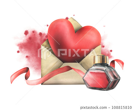 Big red heart in an envelope with ink and ribbon. Hand drawn watercolor illustration. Ready isolated composition on a white background. Big red heart in an envelope with ink and ribbon. Hand drawn watercolor illustration. Ready isolated composition on a white background. 108815810