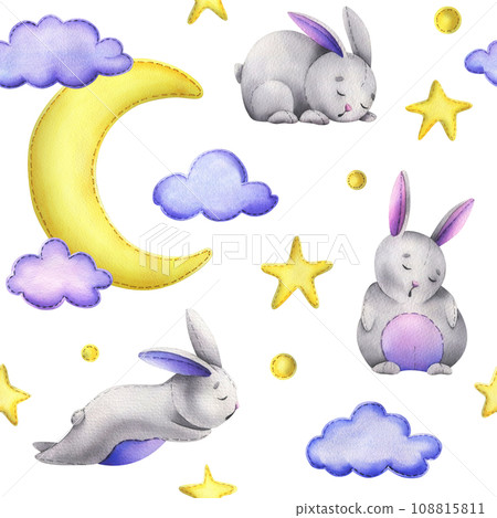 A cute gray bunny stitched sits and sleeps on a yellow moon with hanging stars, dots, clouds. Watercolor illustration, hand drawn. Seamless pattern on a white background 108815811