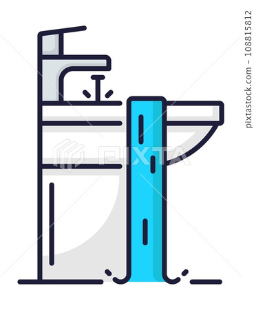Color plumbing service icon, sink faucet repair from leakage in bathroom or toilet, vector outline sign. Plumber service icon for home water pipe plumbing, house bath sink fix and sewerage maintenance Color plumbing service icon, sink faucet repair from leakage in bathroom or toilet, vector outline sign. Plumber service icon for home water pipe plumbing, house bath sink fix and sewerage maintenance 108815812