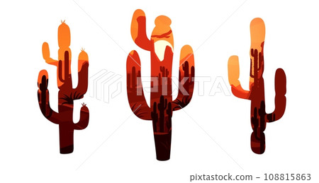 Mexican desert landscape at cactus silhouettes. Vector double exposition of saguaro cactuses with sand desert nature at sunset, agave succulent plants, mountains, orange sky with bird and setting sun Mexican desert landscape at cactus silhouettes. Vector double exposition of saguaro cactuses with sand desert nature at sunset, agave succulent plants, mountains, orange sky with bird and setting sun 108815863