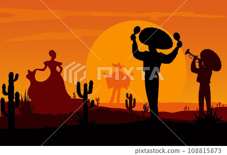 Mexican mariachi musicians and dancing woman silhouettes at desert sunset landscape. Wild West nature vector background with cactuses, orange sky and setting sky, charro cowboys with sombrero, maracas 108815873