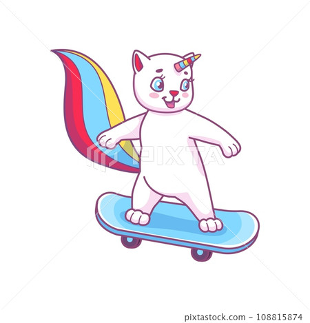 Surfing cute cartoon caticorn cat on skateboard, surfing kitten character. Vector animated fairytale cat with horn, lovely fantasy animal Surfing cute cartoon caticorn cat on skateboard, surfing kitten character. Vector animated fairytale cat with horn, lovely fantasy animal 108815874