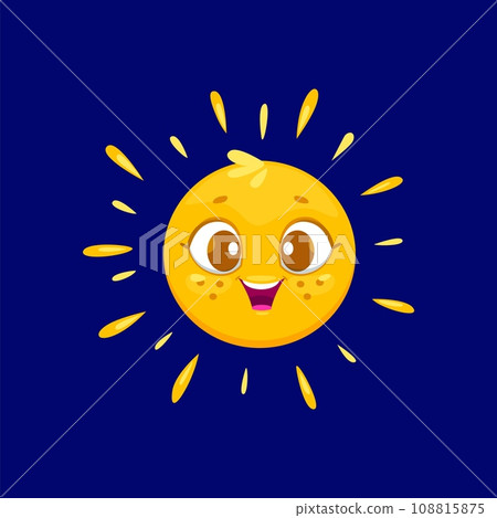 Cartoon cute sun character, vector cheerful sunny personage with smiling face and yellow rays emanating from head. Cute and friendly solar for summer weather forecast, sunscreen cream or children book Cartoon cute sun character, vector cheerful sunny personage with smiling face and yellow rays emanating from head. Cute and friendly solar for summer weather forecast, sunscreen cream or children book 108815875