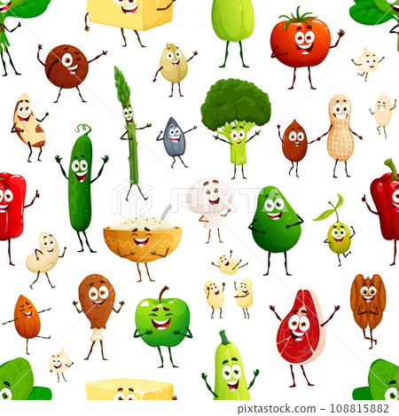 Cartoon cute keto diet food characters seamless pattern. Wrapping paper pattern, wallpaper vector seamless background with broccoli, asparagus, cucumber and avocado, mushroom, peanut cute personages Cartoon cute keto diet food characters seamless pattern. Wrapping paper pattern, wallpaper vector seamless background with broccoli, asparagus, cucumber and avocado, mushroom, peanut cute personages 108815882