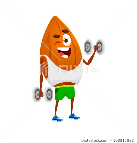 Cartoon almond nut character exercising with dumbbells. Isolated vector kernel showcasing a fun and energetic workout routine. Playful and motivational snack pumping muscles for health and fitness 108815888