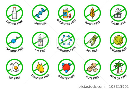 Sugar, gluten, GMO, lactose free icons and signs. Organic product, certified quality food vector pictogram. Soy, allergen, parabens and trans fats, nitrates, palm oil, DYE and hormones contain label 108815901