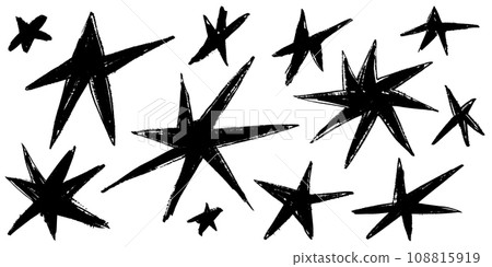 Grunge charcoal scrawl hand drawn stars, rough doodle shapes. Freehand crayon pencil starry elements. Vector illustration, scribble icon for poster, collage, banner. Grunge charcoal scrawl hand drawn stars, rough doodle shapes. Freehand crayon pencil starry elements. Vector illustration, scribble icon for poster, collage, banner. 108815919