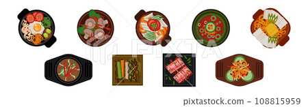 Different Food Served on the Plate Flat Vector Set 108815959