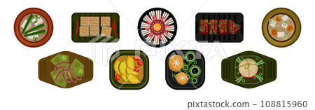 Different Food Served on the Plate Flat Vector Set 108815960