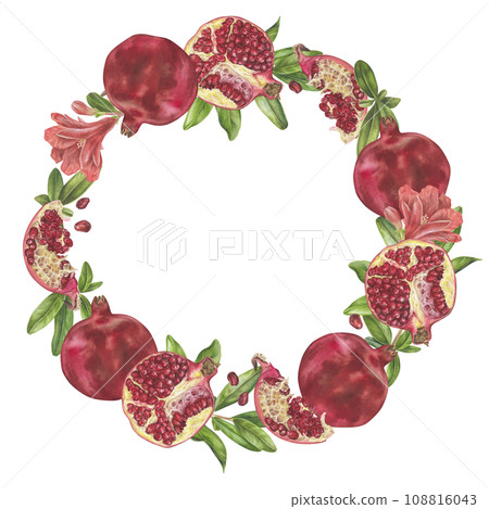 Pomegranate wreath. Watercolor botanical illustration of red Fruit and leaves. Hand drawn clip art on isolated white background. Round frame border template for kitchen utensils and food packaging Pomegranate wreath. Watercolor botanical illustration of red Fruit and leaves. Hand drawn clip art on isolated white background. Round frame border template for kitchen utensils and food packaging 108816043