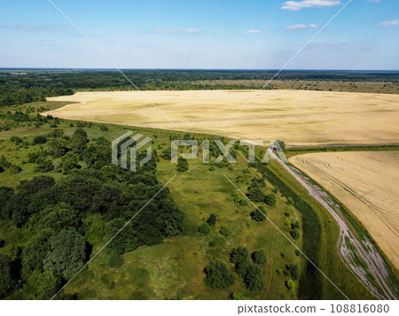 Green deciduous forest next to a farm field. Landscape from a bird's eye view. Sunny weather. Green deciduous forest next to a farm field. Landscape from a bird's eye view. Sunny weather. 108816080