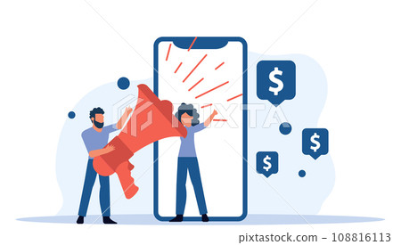Online business concept with a flat design vector illustration of person using a smartphone for mobile payment, depicting success of electronic transactions and financial management for earning profit 108816113
