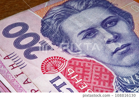 In this detailed shot, the portrait of Lesya Ukrainka on a 200 hryvnia banknote is brought into focus, providing an up-close perspective of Ukrainian paper currency. In this detailed shot, the portrait of Lesya Ukrainka on a 200 hryvnia banknote is brought into focus, providing an up-close perspective of Ukrainian paper currency. 108816130