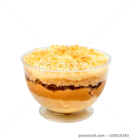 Dessert based on fragrant tender cakes with custard, a layer of salted caramel and caramelized apple pieces isolated on white Dessert based on fragrant tender cakes with custard, a layer of salted caramel and caramelized apple pieces isolated on white 108816383