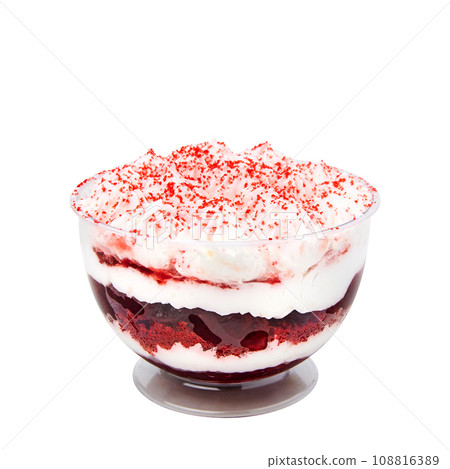 Dessert based on juicy cakes with butter cream and strawberry confit isolated on white 108816389