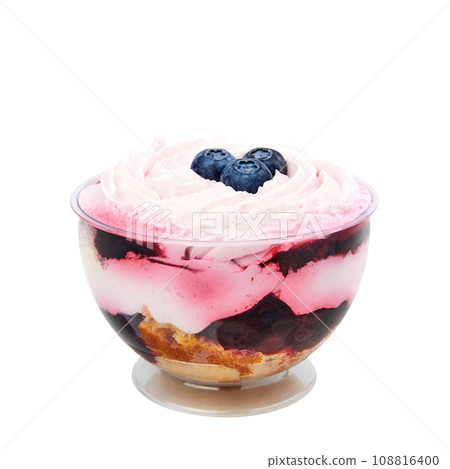 Dessert based on Medovik cakes with sour cream, cream cheese and blackcurrant confit isolated on white 108816400