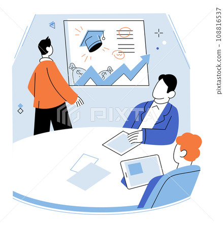 Business training vector illustration. Business intelligence involves gathering and analyzing data to gain insights and make data driven business decisions Briefings provide concise updates on market 108816537