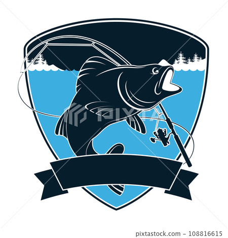 Fish and fishing rod on a shield design for a fishing tournament 108816615