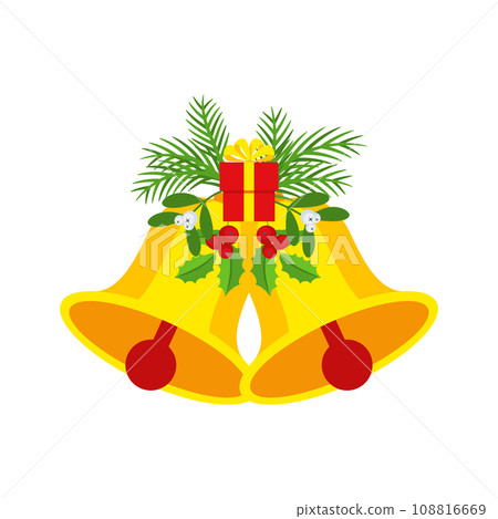 Two Christmas bells with gift box and floral garland. Two Christmas bells with gift box and floral garland. 108816669