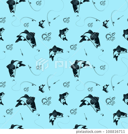 Seamless pattern fish catch and fishing rod background design 108816711