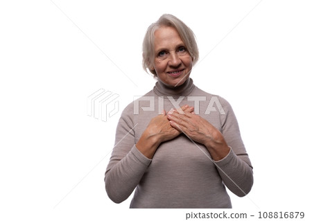 Elderly kind woman with gray hair on a white background 108816879