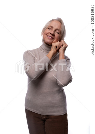 Elderly kind woman with gray hair on a white background 108816983