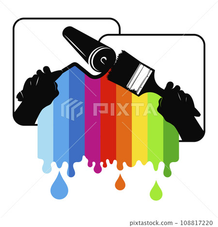 Brush roller in the hand of a house painter and colored paint 108817220