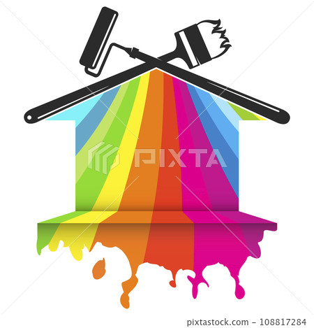 Colored waves and drops of paint house silhouette, brush and roller 108817284