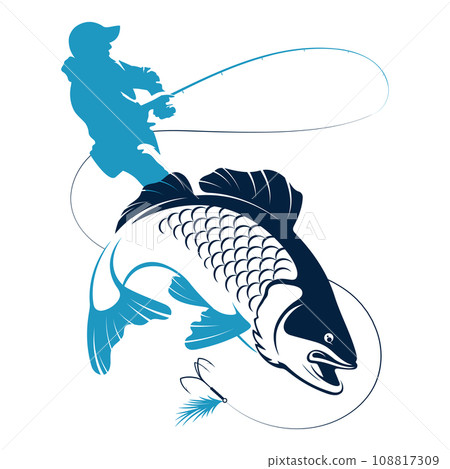 Fisherman with a fishing rod and catch fish silhouette 108817309
