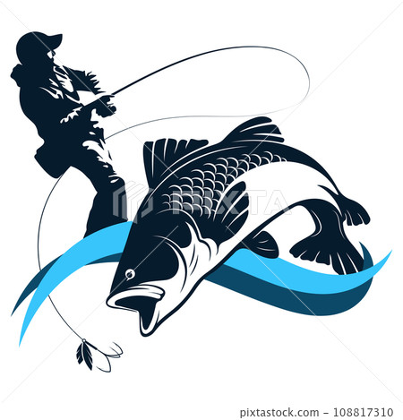 Fisherman with a fishing rod and fish on the wave 108817310