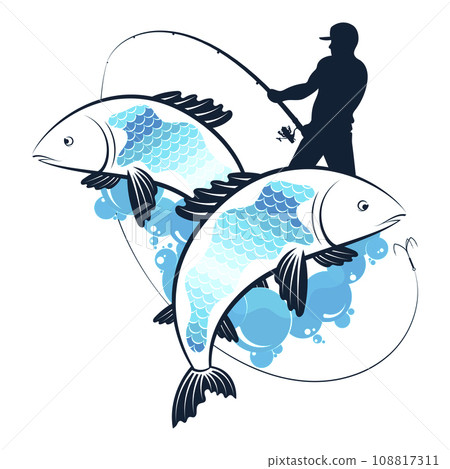 Fisherman with fishing rod and catch of fish design Fisherman with fishing rod and catch of fish design 108817311