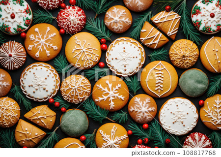 Christmas cookies and pine branches as a colorful Christmas background Christmas cookies and pine branches as a colorful Christmas background 108817768