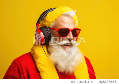Cool trendy old man in sunglasses and headphones with white beard  108817821
