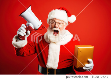 Santa Claus with megaphone on red background. 108817837