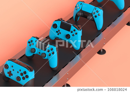 Set of gamer joysticks or gamepads on factory line on orange background Set of gamer joysticks or gamepads on factory line on orange background 108818024