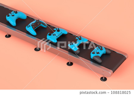 Set of gamer joysticks or gamepads on factory line on orange background Set of gamer joysticks or gamepads on factory line on orange background 108818025