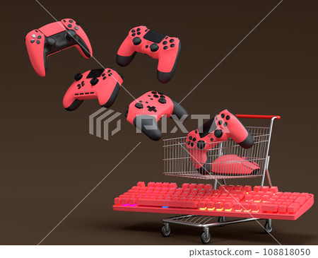 Gamer workspace and gear like mouse, keyboard, joystick in shopping carts Gamer workspace and gear like mouse, keyboard, joystick in shopping carts 108818050